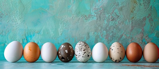 Poster - Different kinds of eggs including white goose, brown chicken, and spotted quail eggs displayed against a turquoise backdrop with copy space image.