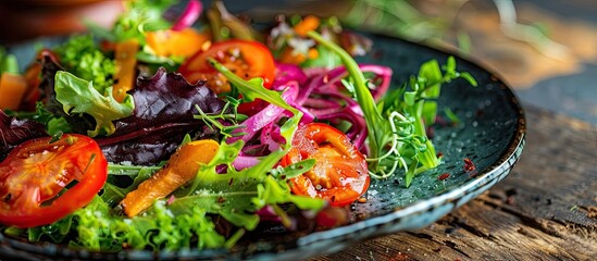 Sticker - A fresh green salad with various colorful vegetables arranged beautifully on a plate, creating an appetizing and vibrant dish with a pleasing composition and copy space image.