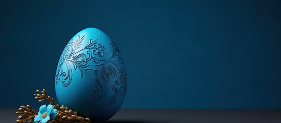 Wall Mural - Easter-themed ceramic egg decoration in bright blue displayed against a gray backdrop with copy space image.