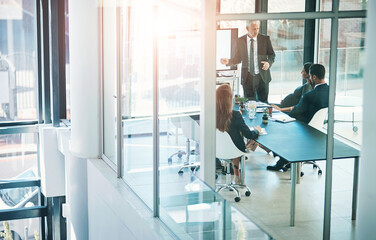 Aufkleber - Corporate, meeting and presentation with business people in boardroom of office for training. Collaboration, management and workshop with professional employee teaching staff in workplace from above