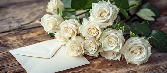 Poster - White roses bouquet and envelope in a romantic composition, suitable for congratulatory invitations or postcard designs with copy space image.