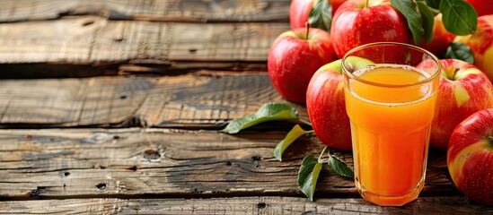 Poster - Apples and apple juice displayed on a wooden surface with room for additional images.