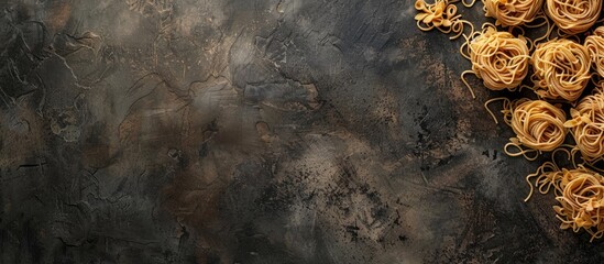 Aufkleber - Dried pasta displayed on a dark tabletop with ample copy space image available.