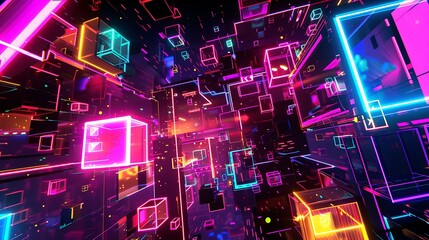 Poster - A dynamic abstract artwork showcasing colorful neon geometric forms and illuminated structures in a digital cyberspace environment with a dark backdrop