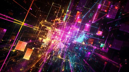Poster - A dynamic abstract artwork showcasing colorful neon geometric forms and illuminated structures in a digital cyberspace environment with a dark backdrop