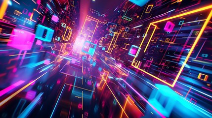 Poster - A futuristic illustration of interconnected geometric shapes and structures in bright neon hues, glowing vividly in a dark cyberspace setting