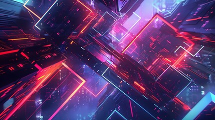 Wall Mural - A futuristic illustration of interconnected geometric shapes and structures in bright neon hues, glowing vividly in a dark cyberspace setting