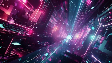 Poster - A futuristic illustration of interconnected geometric shapes and structures in bright neon hues, glowing vividly in a dark cyberspace setting