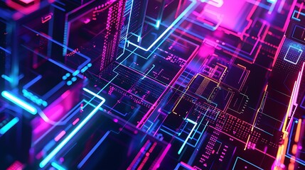 Poster - A futuristic illustration of interconnected geometric shapes and structures in bright neon hues, glowing vividly in a dark cyberspace setting