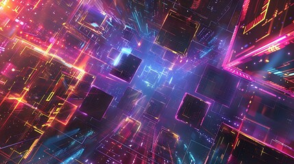 Poster - A visually striking illustration of geometric patterns and structures in colorful neon lights, set against a dark, futuristic cyberspace background