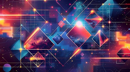 Poster - A visually striking illustration of geometric patterns and structures in colorful neon lights, set against a dark, futuristic cyberspace background