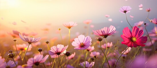 Aufkleber - Cosmos flower blossoming in a field, creating a colorful background with copy space imagery for wallpaper or a greeting card. The scene features a sunrise among the cosmos flowers.