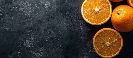 Wall Mural - Top view of fresh, ripe oranges on a dark background with copy space image.