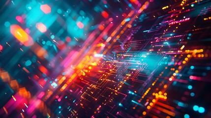 Poster - An abstract digital composition with complex geometric shapes and neon lights, creating a vibrant and energetic scene in cyberspace against a dark background