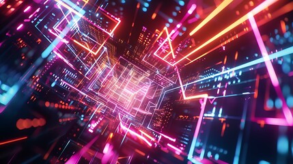 Poster - An abstract digital composition with complex geometric shapes and neon lights, creating a vibrant and energetic scene in cyberspace against a dark background