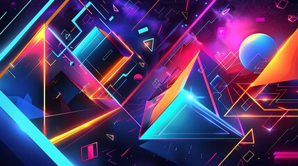 Poster - An abstract illustration featuring vibrant geometric shapes and structures in neon colors with glowing lights, set against a dark cyberspace background