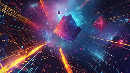 Poster - An abstract illustration featuring vibrant geometric shapes and structures in neon colors with glowing lights, set against a dark cyberspace background