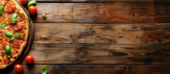 Poster - Fresh pizza on wooden surface with copy space image.