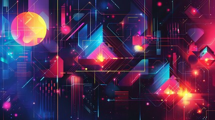 Poster - An abstract illustration featuring vibrant geometric shapes and structures in neon colors with glowing lights, set against a dark cyberspace background