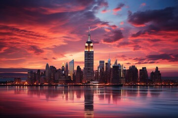 Wall Mural - Empire State Building in the city against the orange sky during sunset, generative IA