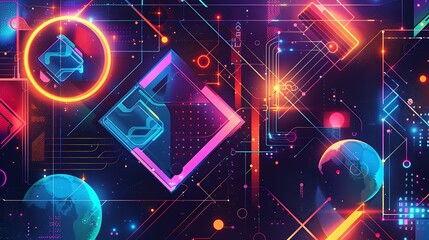 Poster - An abstract illustration featuring vibrant geometric shapes and structures in neon colors with glowing lights, set against a dark cyberspace background