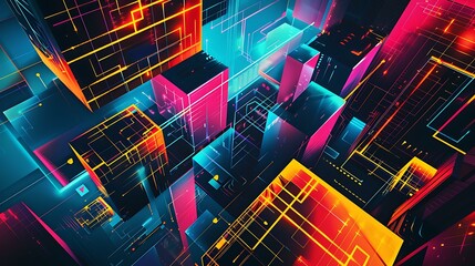 Poster - An abstract illustration featuring vibrant geometric shapes and structures in neon colors with glowing lights, set against a dark cyberspace background