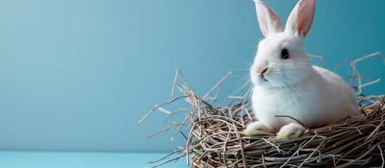 Poster - Easter bunny in white-gray hues is perched against a blue backdrop, embodying the essence of the holiday season, with room for a precise visual element.