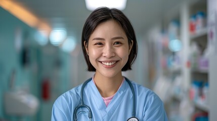 Asian nurse smiling while administering medication in a healthcare facility representing patient care and professional dedication Portrait, Realistic Photo, High resolution, Half-body picture,