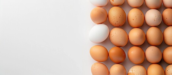 Poster - A close-up of fresh eggs arranged neatly on a plain white background with ample space for a copy space image.