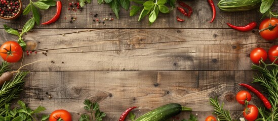 Poster - Fresh vegetables and spices arranged on a wooden surface with copy space image available.