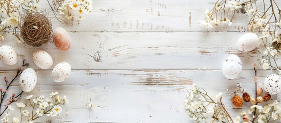 Poster - Vintage-style white wooden background adorned with Easter chickens, eggs, and decorations, creating an elegant composition with a copy space image.