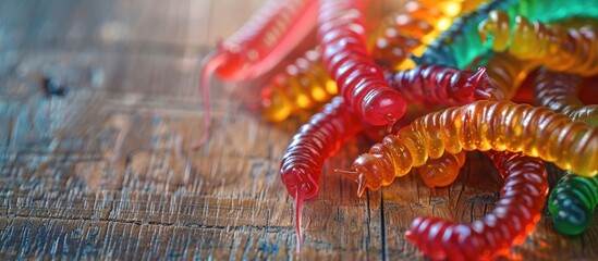 Poster - Delicious jelly worms displayed on a wooden surface with copy space image.