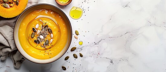 Poster - A bowl of homemade pumpkin soup garnished with pumpkin oil and seeds on a marble background with copy space image.