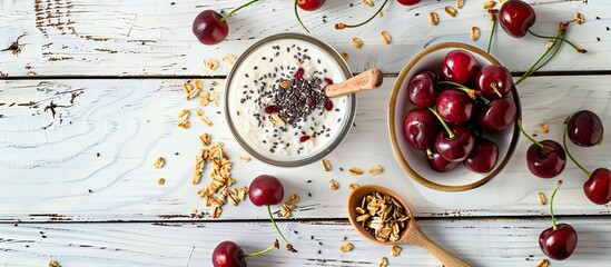 Poster - Top view of a glass of yogurt with cherries, chia seeds, and granola on a white wooden surface, accompanied by a wooden spoon; flat lay composition with space for text or images.
