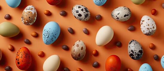 Aufkleber - Brown background showcases creative quail egg pattern with vibrant Easter concept. Colorful eggs on display with copy space image for a unique and healthy breakfast presentation.