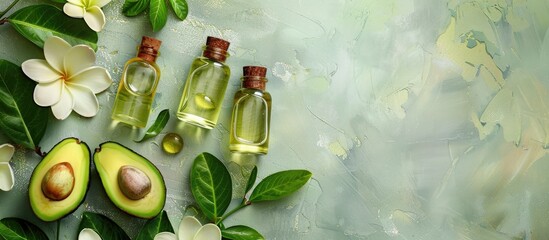 Sticker - Essential oils and avocado displayed on a tropical-themed backdrop, conveying a concept related to skin and body care treatment, with a clear copy space image.