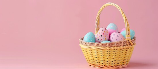 Aufkleber - Pastel yellow basket with homemade painted eggs for Easter home decor, set on a light pink background with copy space image.