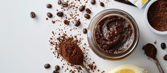 Sticker - Top view of a jar of homemade coffee body scrub with ingredients and packing tools on a white table, perfect for a copy space image.