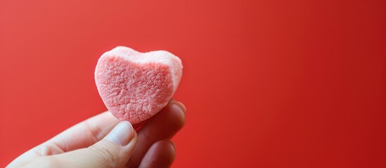 Sticker - A hand showcasing a pink heart-shaped marshmallow with a vibrant red background, suitable for a copy space image.