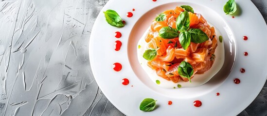 Poster - Tasty salmon tartare presented on a white plate with ample copy space image.