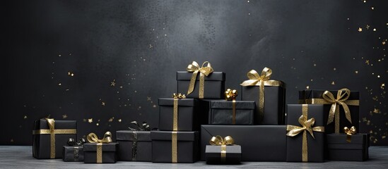 Poster - Assorted black gift boxes of different sizes stacked together, creating a festive Christmas-themed arrangement with empty space for text or graphics