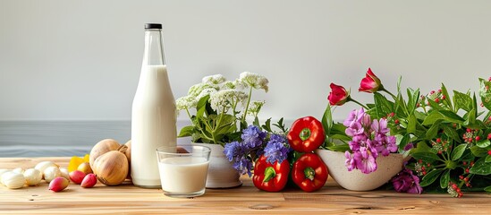 Aufkleber - Wooden kitchen table set with a bottle of milk, a glass, summer flowers, and a healthy food breakfast concept, all with a copy space image.