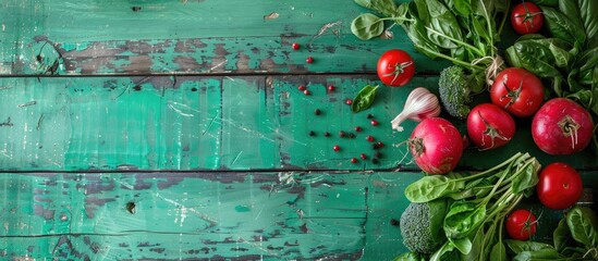 Poster - Farm-fresh produce on a green wooden backdrop with copy space image. Emphasizing local seasonal goods for a health-conscious diet; horizontal food photos.