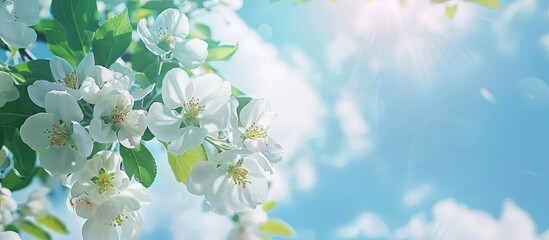 Poster - Blooming apple tree branches against a blue sky with clouds, showcasing large white buds - a spring symbol in a copy space image.