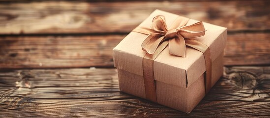 Leinwandbilder - A brown gift box placed on a wooden table background with ample copy space image available.