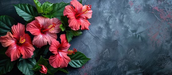 Poster - A bunch of vibrant hibiscus blossoms on a dark backdrop, with ample copy space image and a banner.
