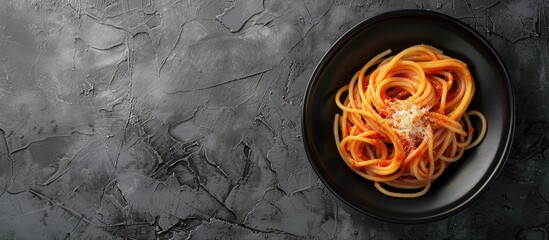 Sticker - Top-down view of pasta, spaghetti with tomato sauce presented in a black bowl on a grey stone background, creating a striking copy space image.