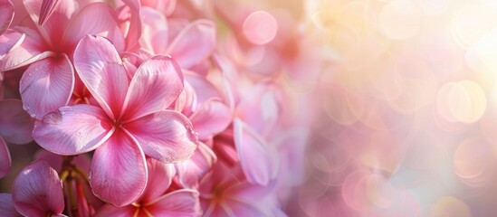 Poster - Natural floral macro background featuring pink Frangipani flowers with copy space image.