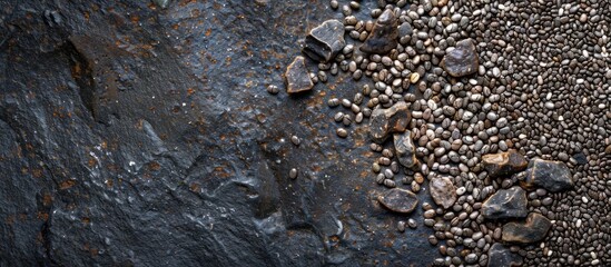 Poster - A close-up of super organic chia seeds exhibited on a dark stone background, presenting a healthy food concept in a top-view copy space image.