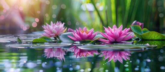 Poster - Tranquil garden pond with blooming water lilies and lotuses, reflected in the water with a serene ambiance of relaxation, happiness, and a calm atmosphere, perfect for a copy space image.